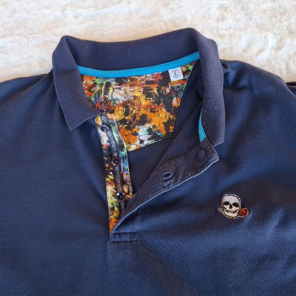 Robert Graham Embroidered Skull with Rose Navy Cotton Polo Shirt Men Size Large - Picture 9 of 16